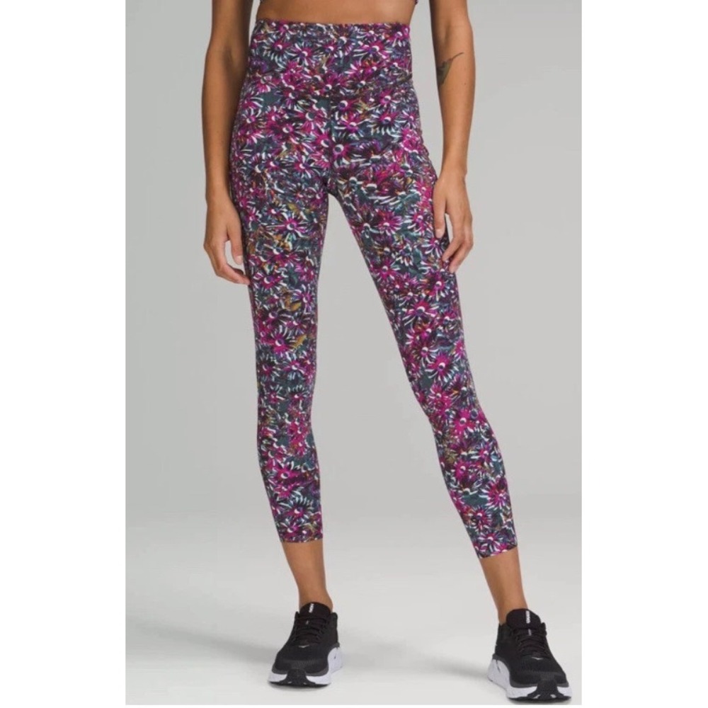 Lululemon Electric Floral High Rise Base Pace Leggings Size 2 25 Inch Pink